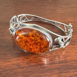 Sterling Silver Amber Statement Bangle Bracelet with latch clasp